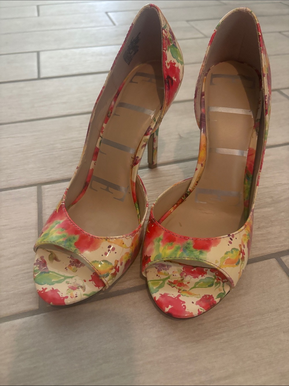 Elle Floral Peep-Toe Heels in Cream with Red, Green & Yellow